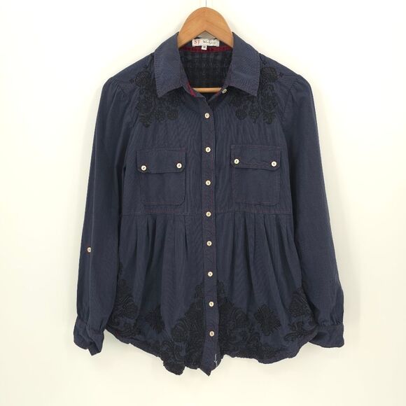 Johnny Was 3J Workshop Babydoll Button Up Top Embroidered Striped Y2k Blue - Picture 1 of 15